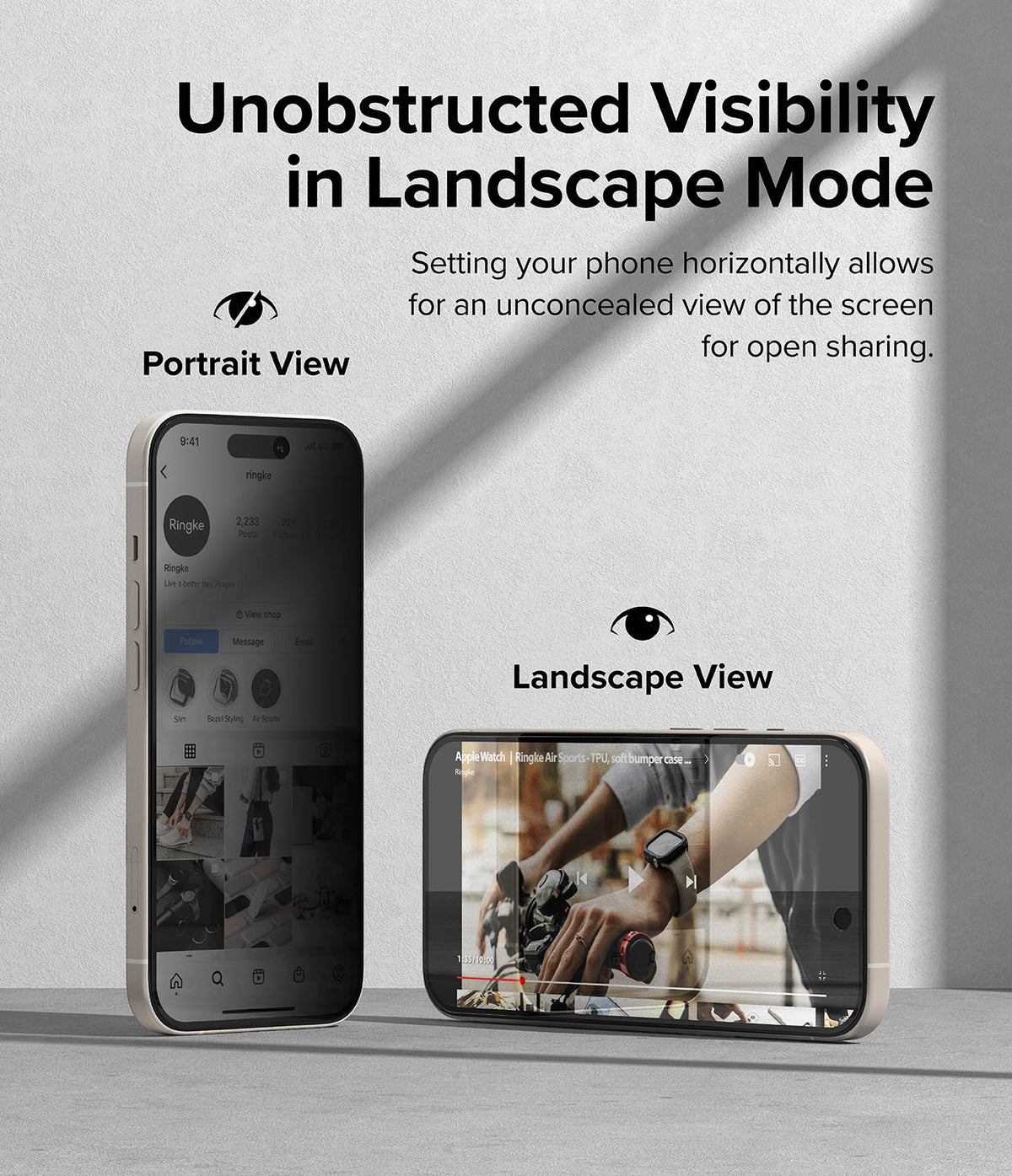 iPhone 15 Screen Protector | Privacy Glass - iPhone 15 Privacy Glass - Comparison of a darkened portrait screen and a clear, unobstructed landscape screen view.