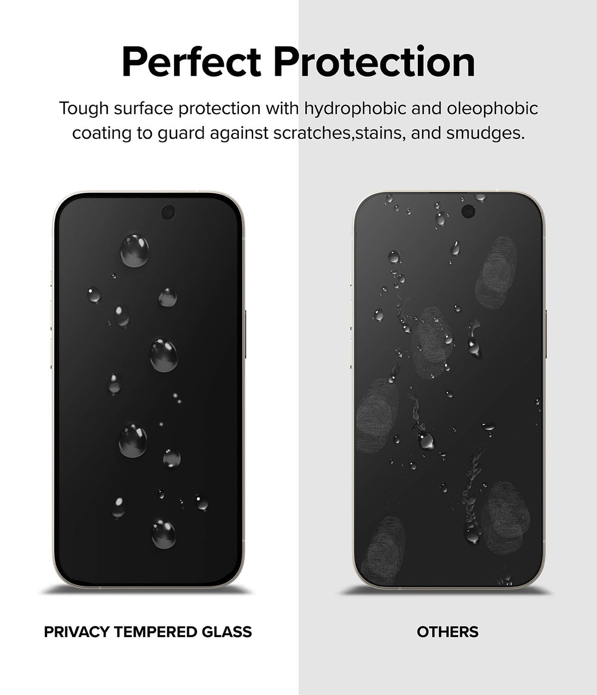 iPhone 15 Screen Protector | Privacy Glass - Comparison showing clean privacy glass with water beads versus smudged glass.