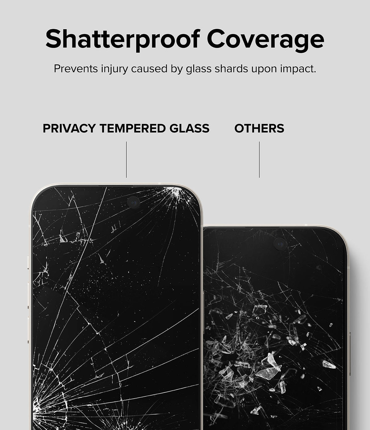 iPhone 15 Screen Protector | Privacy Glass - Comparison showing shattered privacy glass staying intact versus loose shards on other glass.