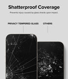 iPhone 15 Screen Protector | Privacy Glass - Comparison showing shattered privacy glass staying intact versus loose shards on other glass.