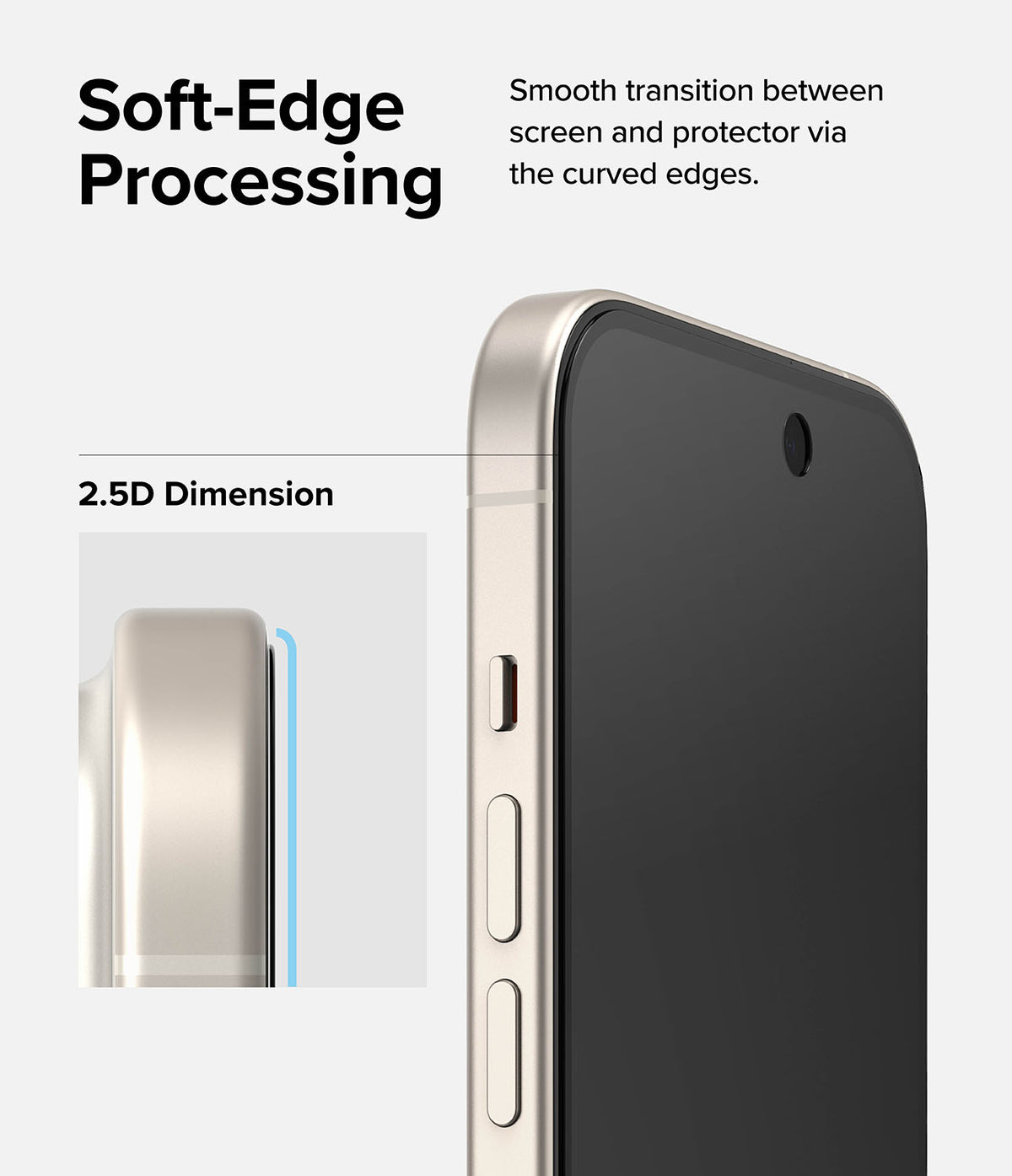 iPhone 15 Screen Protector | Privacy Glass - iPhone 15 Screen Protector - Close-up of a phone with a 2.5D curved-edge privacy screen protector for a smooth transition.