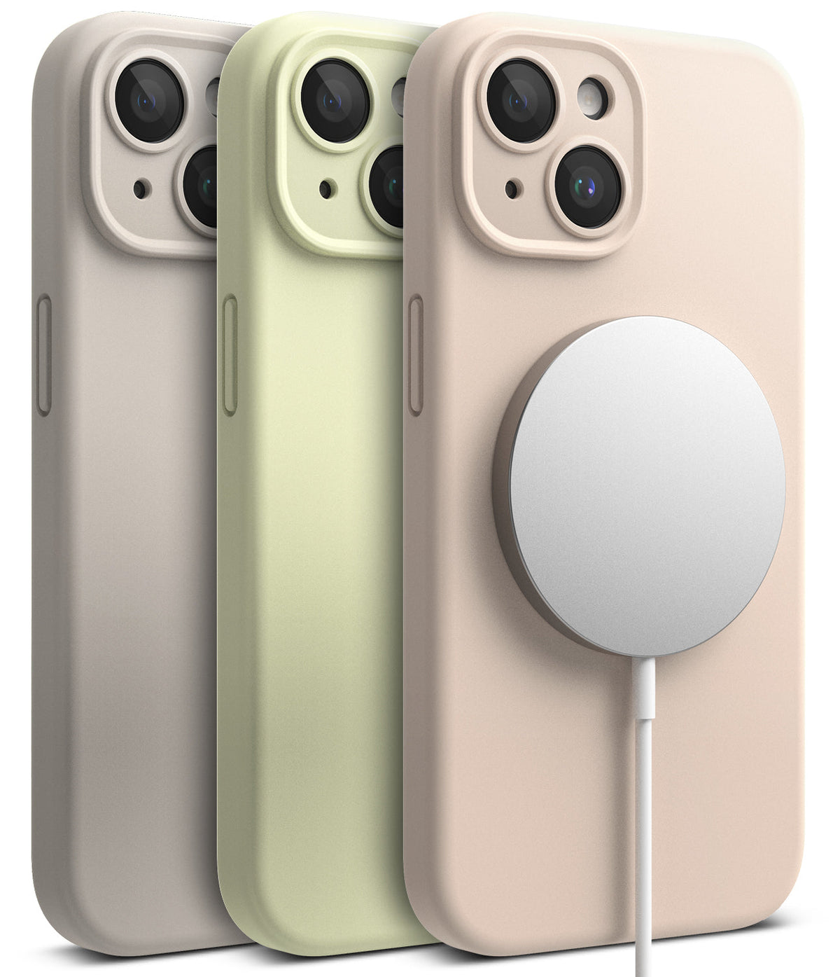 iPhone 15 Case | Silicone Magnetic - Three pastel silicone iPhone cases with a magnetic charger attached to the front one.