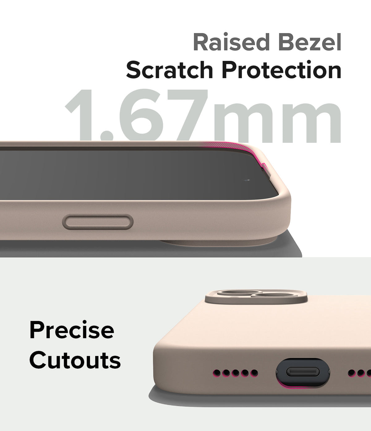 iPhone 15 Case | Silicone Magnetic - Close-up of phone case showing 1.67mm raised bezel protection and precise port cutouts.
