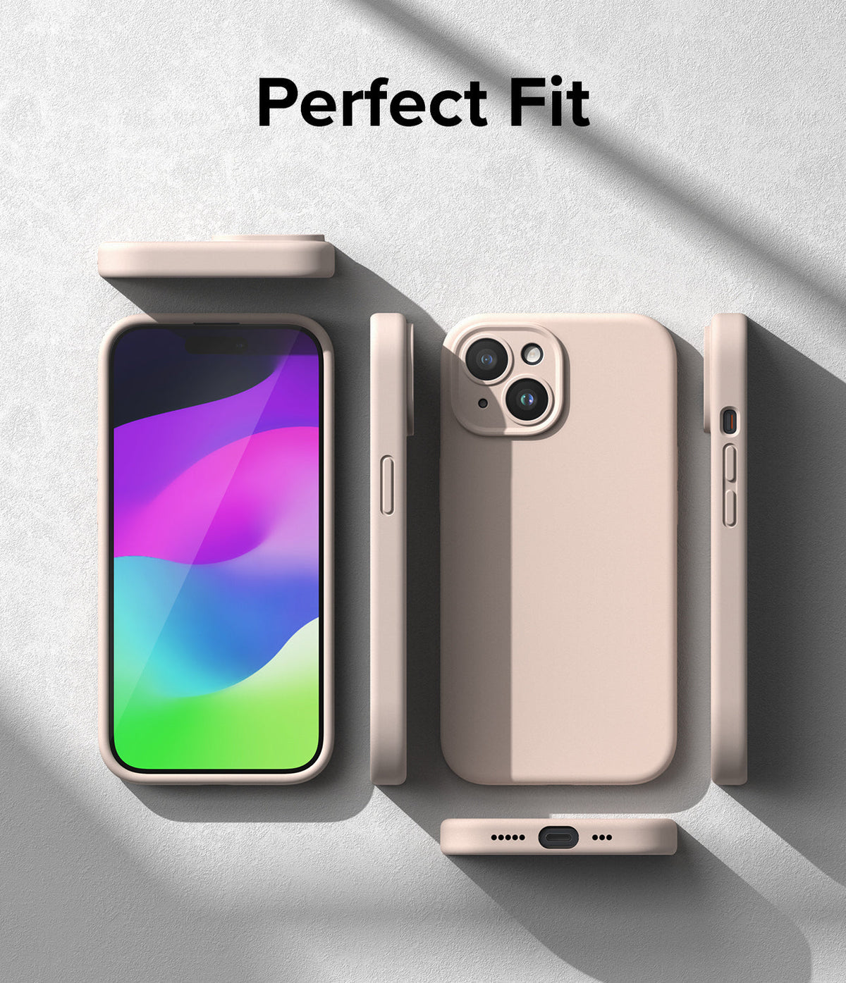 iPhone 15 Case | Silicone Magnetic - Beige silicone iPhone 15 case shown from multiple angles with a colorful screen display.