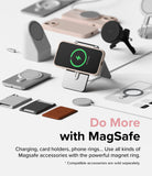 iPhone 15 Case | Silicone Magnetic - A pink iPhone 15 in a magnetic case charging on a stand surrounded by various MagSafe accessories.