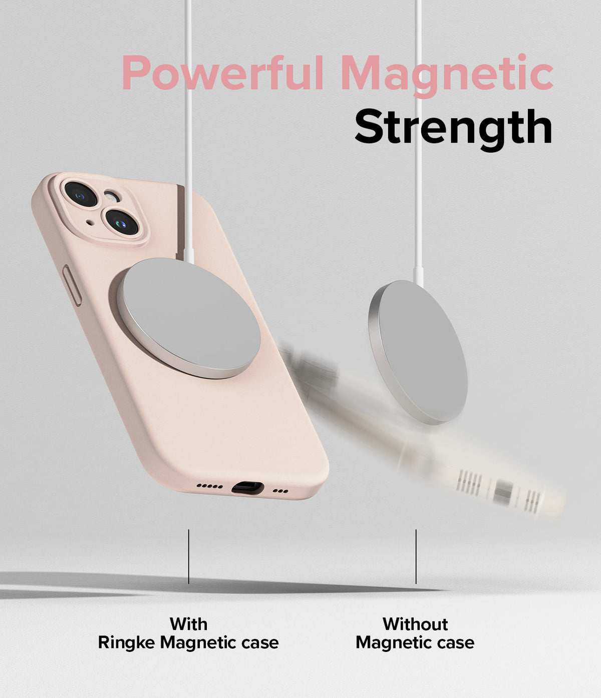 iPhone 15 Case | Silicone Magnetic - A pink phone case attached to a magnetic charger while a phone without a case falls away.