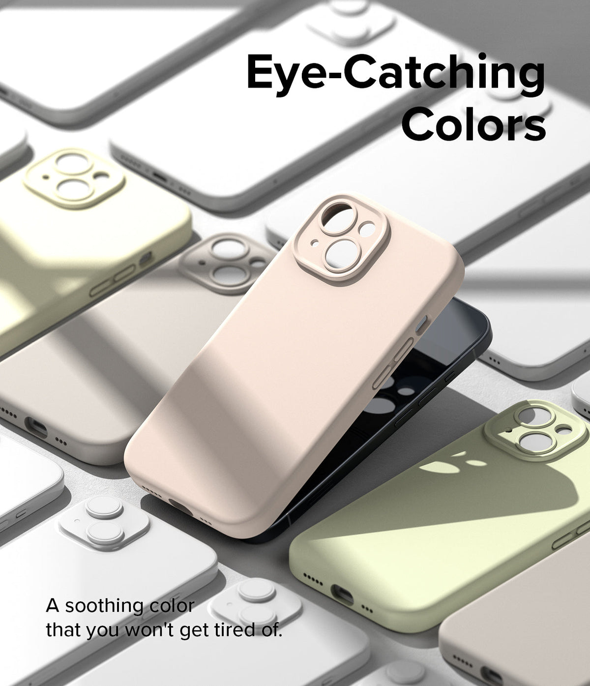 iPhone 15 Case | Silicone Magnetic - Multiple pastel-colored silicone iPhone cases arranged on a surface with text overlays.