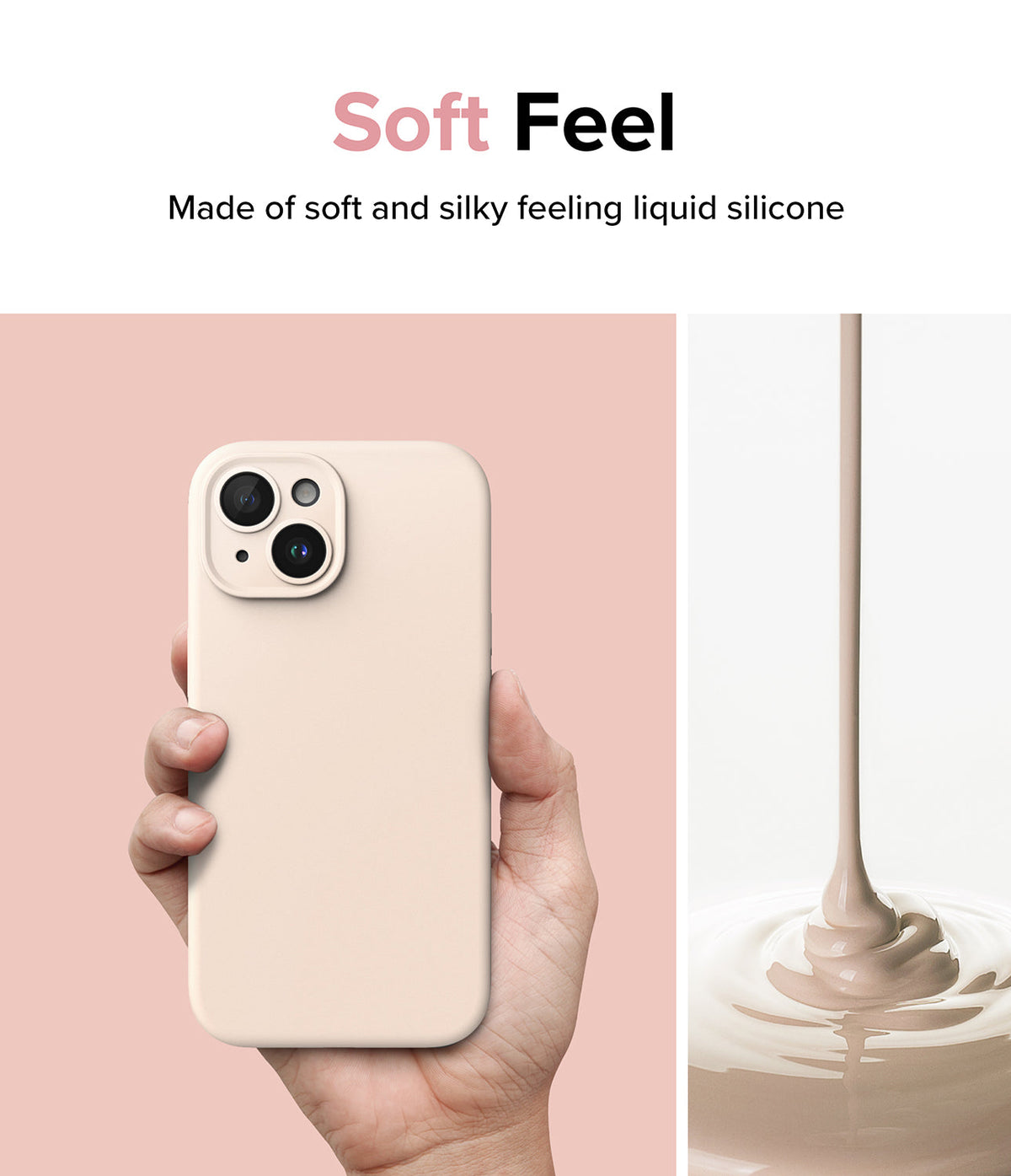 iPhone 15 Case | Silicone Magnetic - Hand holding a beige silicone iPhone case next to liquid silicone pouring into a bowl.