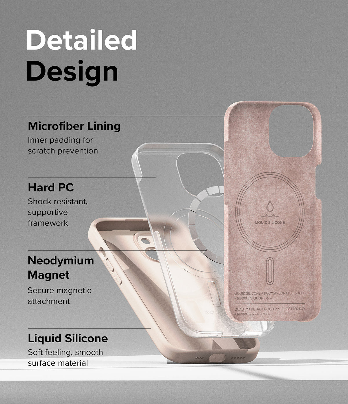 iPhone 15 Case | Silicone Magnetic - Exploded view of a pink phone case showing microfiber, PC, magnet, and silicone layers.
