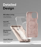 iPhone 15 Case | Silicone Magnetic - Exploded view of a pink phone case showing microfiber, PC, magnet, and silicone layers.