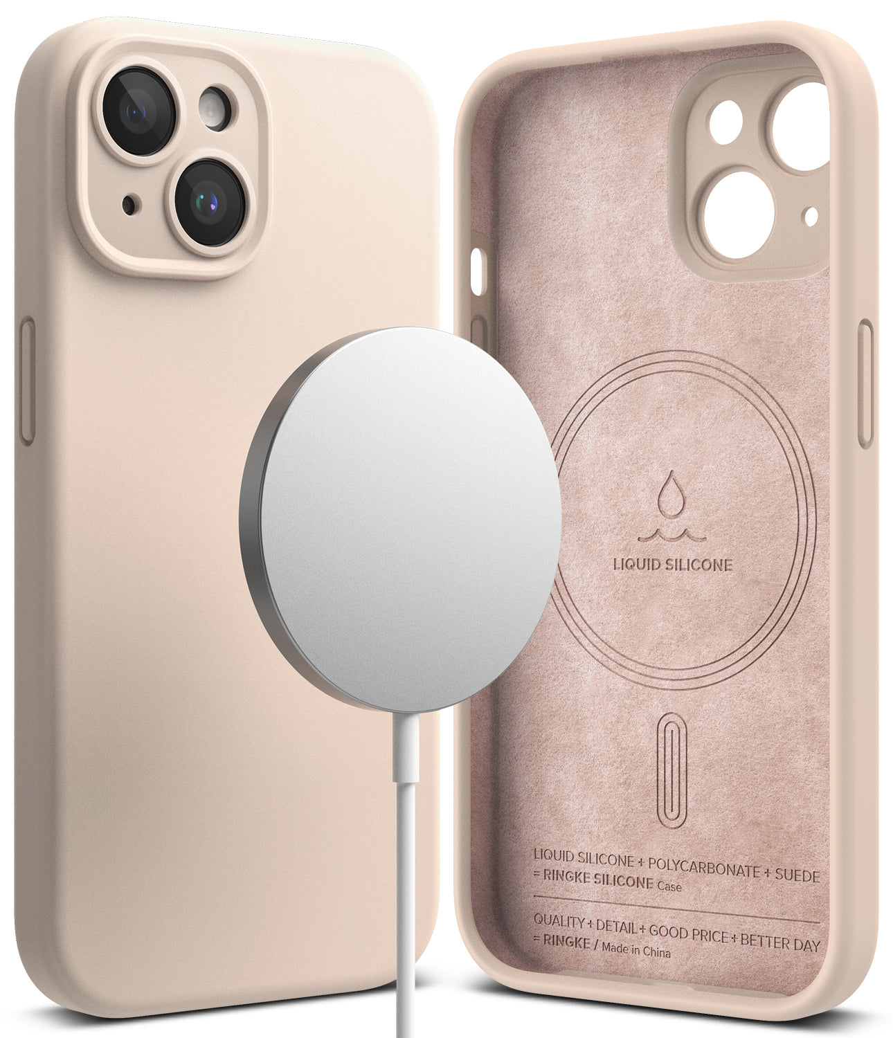iPhone 15 Case | Silicone Magnetic - Pink sand silicone case for iPhone 15 with magnetic charger and suede-lined interior.