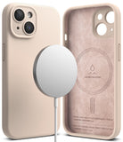 iPhone 15 Case | Silicone Magnetic - Pink sand silicone case for iPhone 15 with magnetic charger and suede-lined interior.