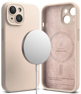 iPhone 15 Case | Silicone Magnetic - Pink sand silicone case for iPhone 15 with magnetic charger and suede-lined interior.