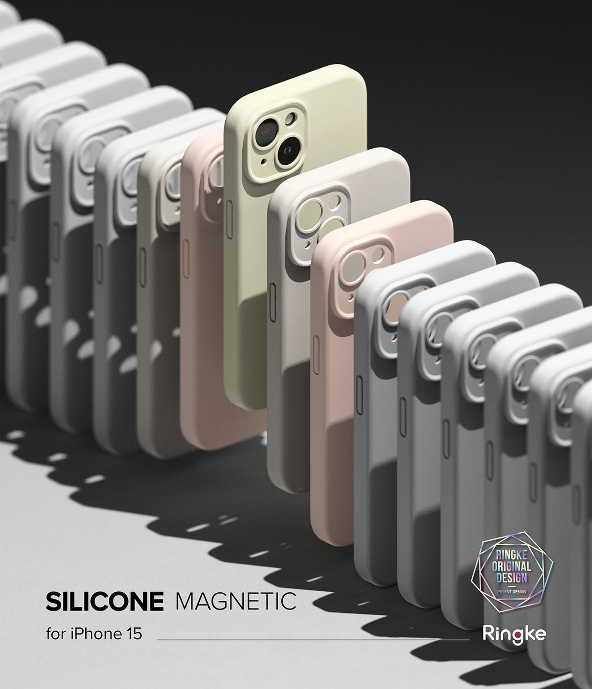 iPhone 15 Case | Silicone Magnetic - A row of colorful silicone iPhone 15 cases arranged diagonally on a light surface.