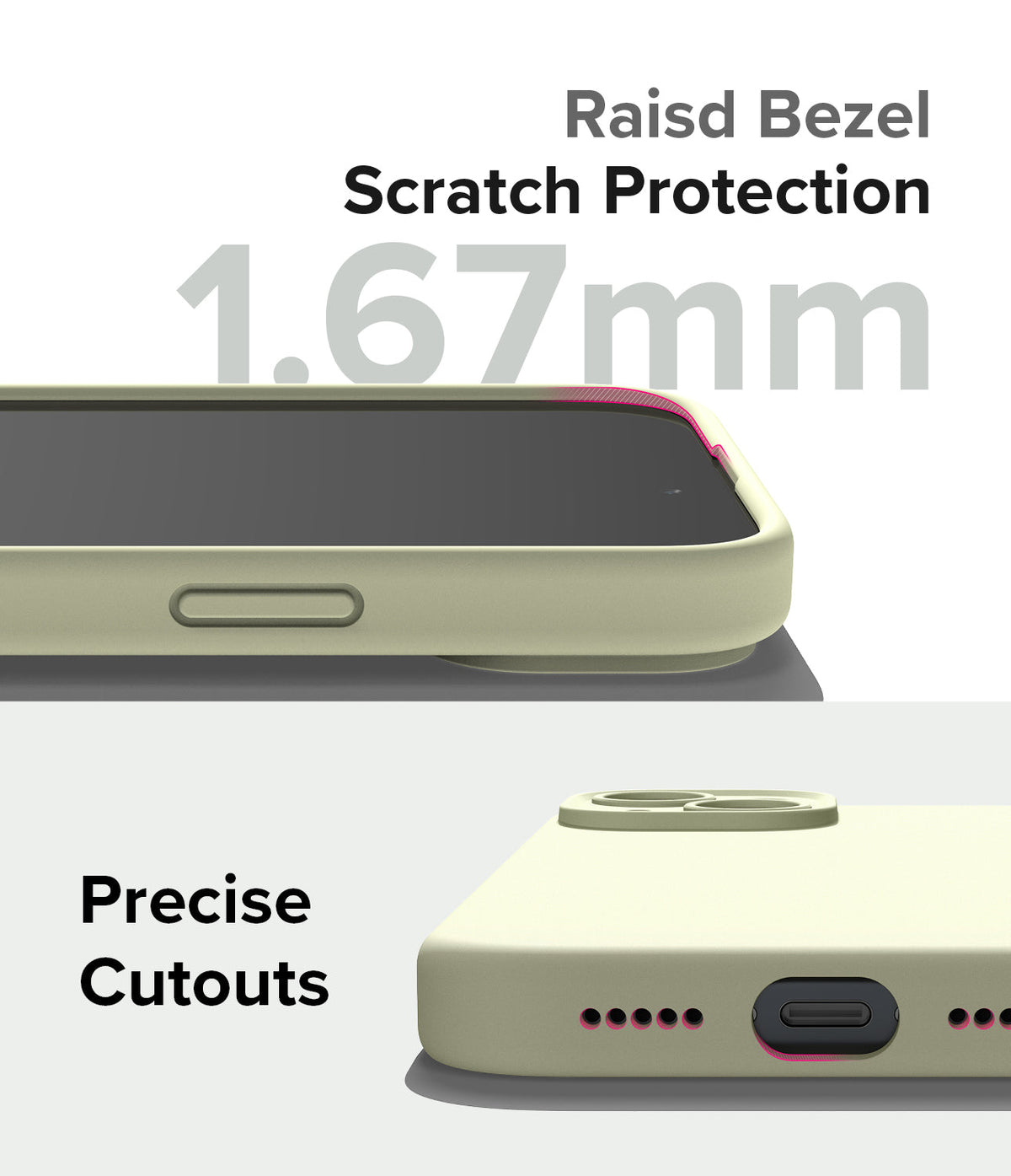 iPhone 15 Case | Silicone Magnetic - Close-up of a beige phone case showing a 1.67mm raised bezel and precise port cutouts.