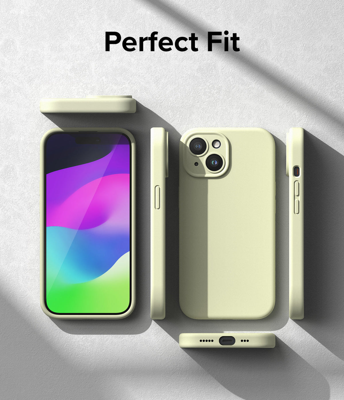 iPhone 15 Case | Silicone Magnetic - Multiple views of a light yellow silicone iPhone 15 case showing precise cutouts.