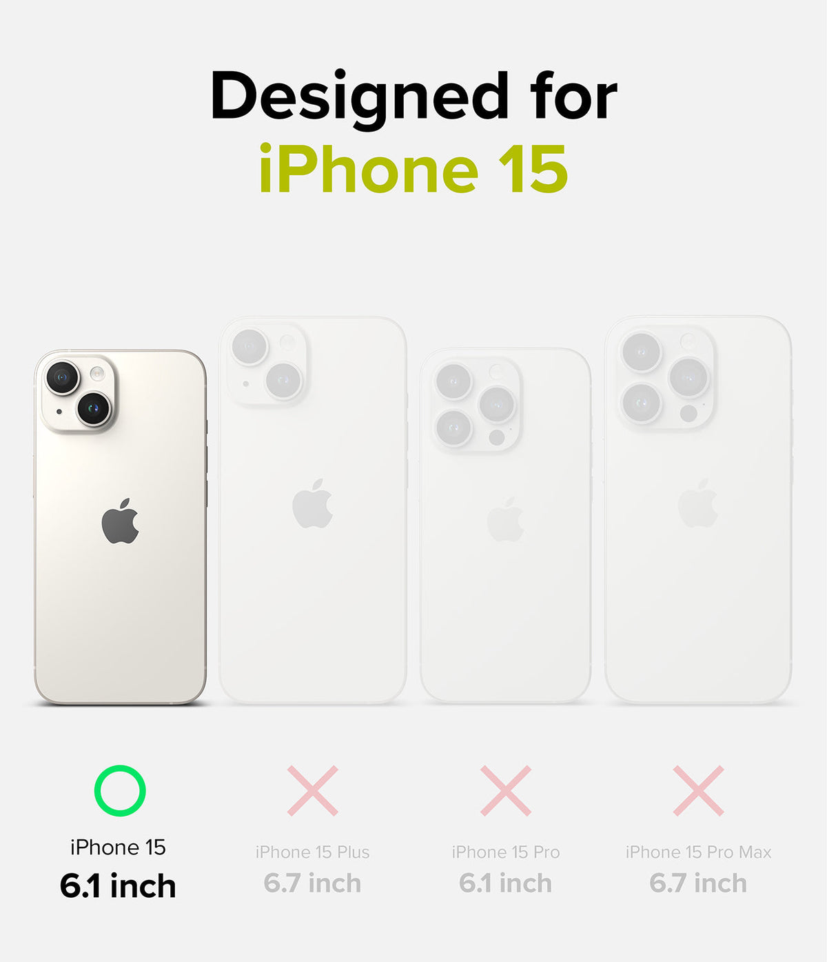 iPhone 15 Case | Silicone Magnetic - Compatibility chart showing iPhone 15 fits, while 15 Plus, Pro, and Pro Max do not.