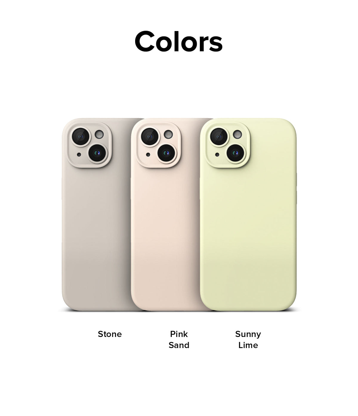 iPhone 15 Case | Silicone Magnetic - Three iPhone 15 cases in Stone, Pink Sand, and Sunny Lime colors arranged side-by-side.