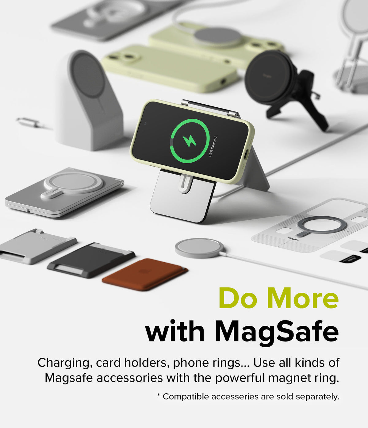 iPhone 15 Case | Silicone Magnetic - iPhone 15 in a yellow case charging on a stand surrounded by various MagSafe accessories.