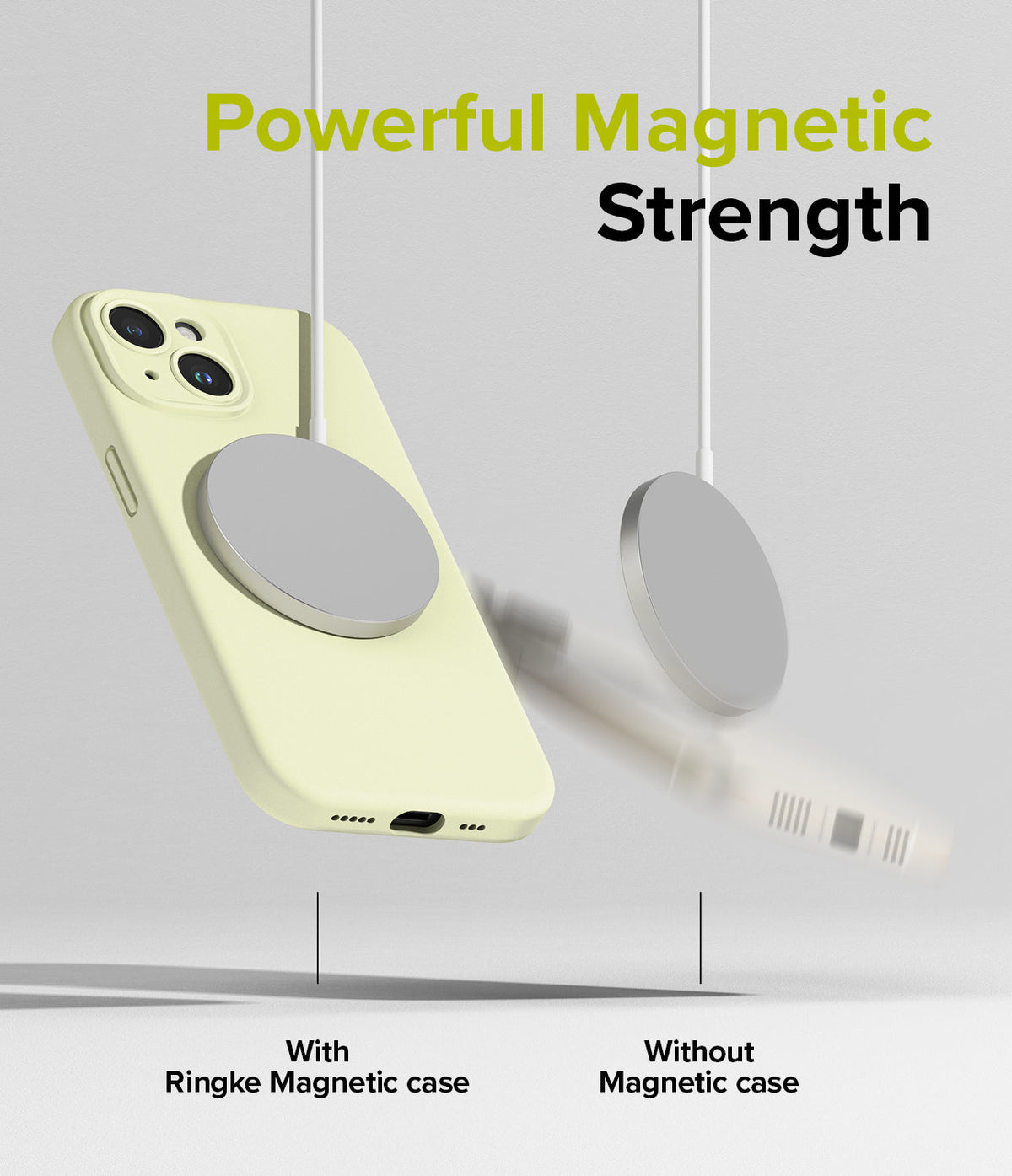 iPhone 15 Case | Silicone Magnetic - A yellow phone case magnetically attached to a charger while another phone falls away.