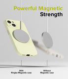 iPhone 15 Case | Silicone Magnetic - A yellow phone case magnetically attached to a charger while another phone falls away.