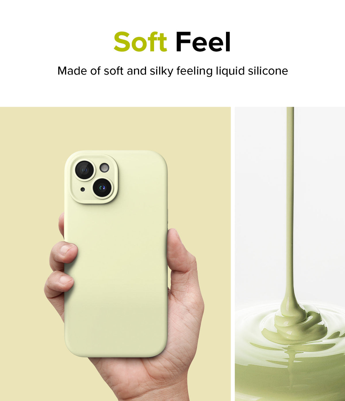 iPhone 15 Case | Silicone Magnetic - Hand holding a pale green silicone iPhone case next to liquid silicone pouring.