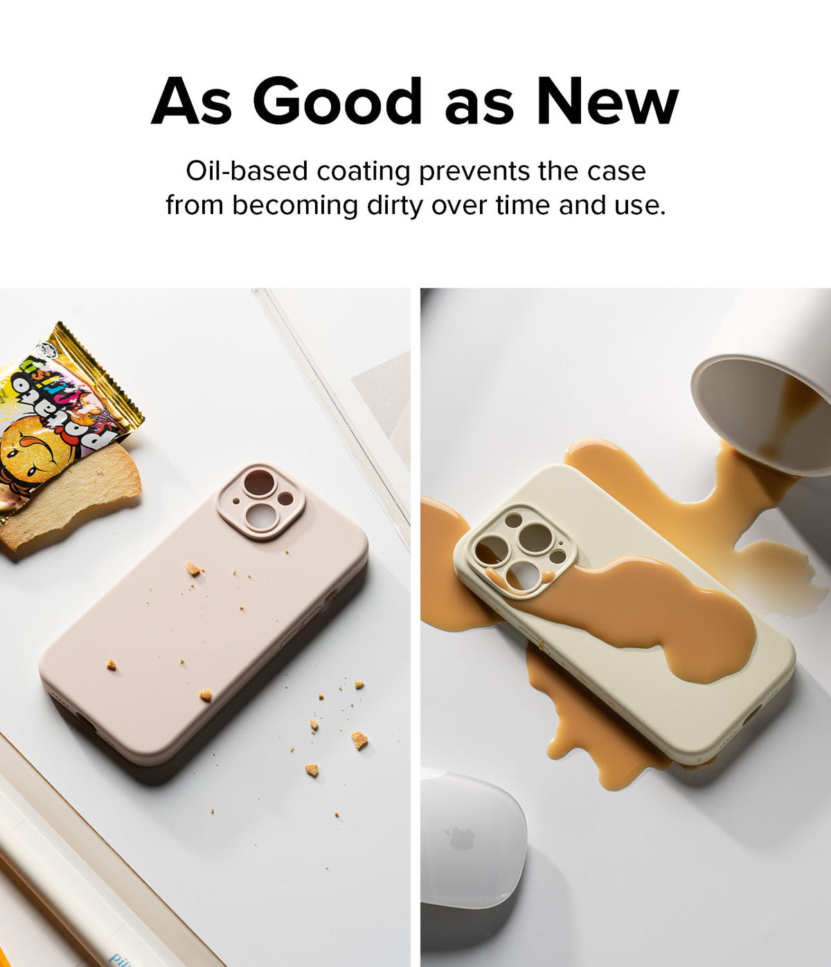 iPhone 15 Case | Silicone Magnetic - Split view showing a phone case with crumbs and another with spilled coffee.