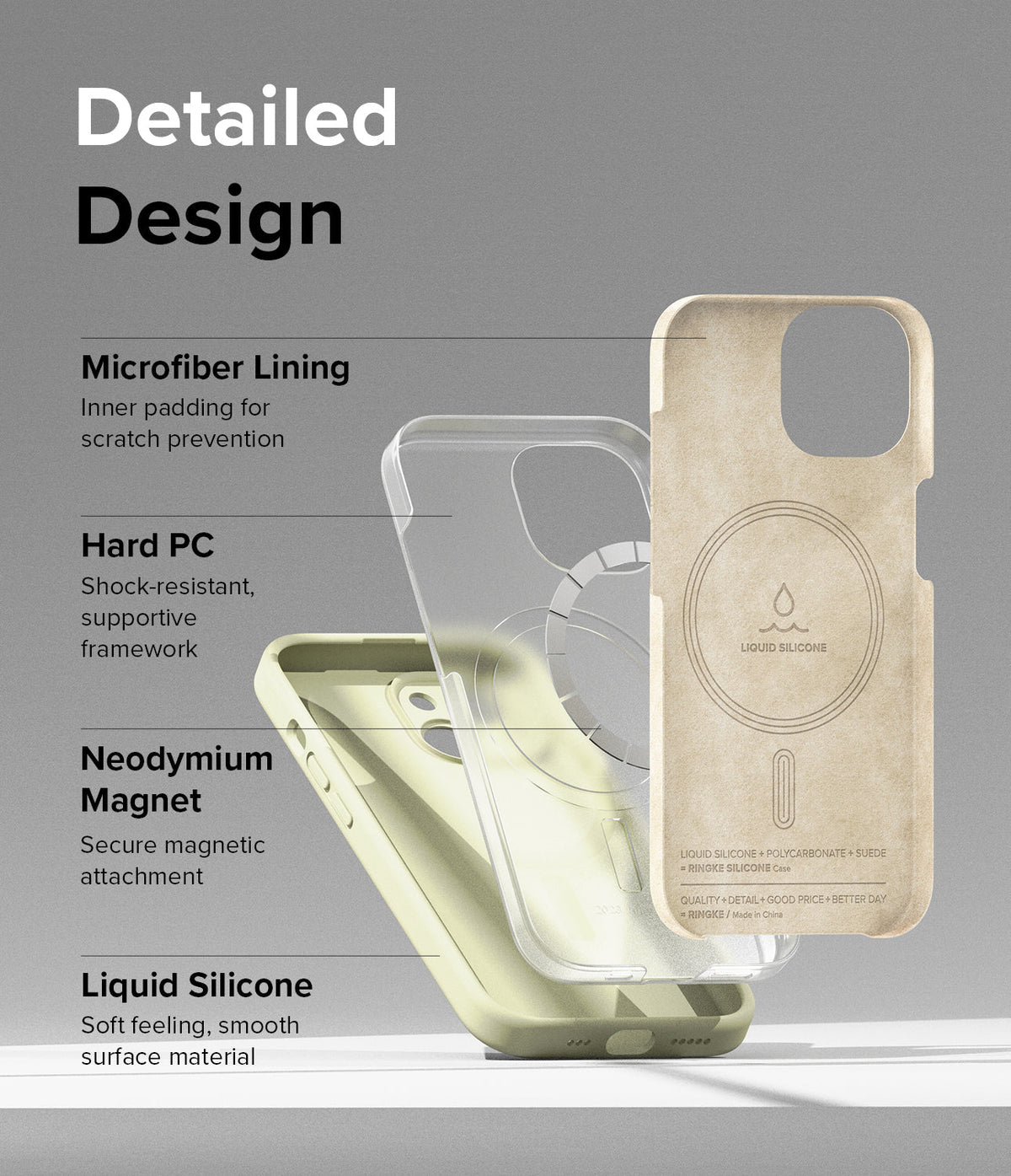 iPhone 15 Case | Silicone Magnetic - Exploded view of a phone case showing microfiber, hard PC, magnet, and silicone layers.