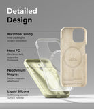 iPhone 15 Case | Silicone Magnetic - Exploded view of a phone case showing microfiber, hard PC, magnet, and silicone layers.