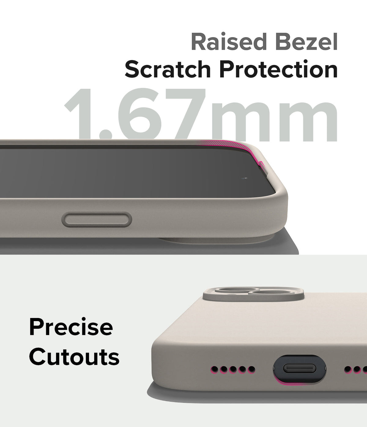 iPhone 15 Case | Silicone Magnetic - Close-up of phone case showing 1.67mm raised bezel and precise port cutouts.