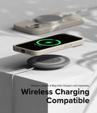 iPhone 15 Case | Silicone Magnetic - Beige iPhone 15 case hovering over a wireless charging pad showing a green charging icon.
