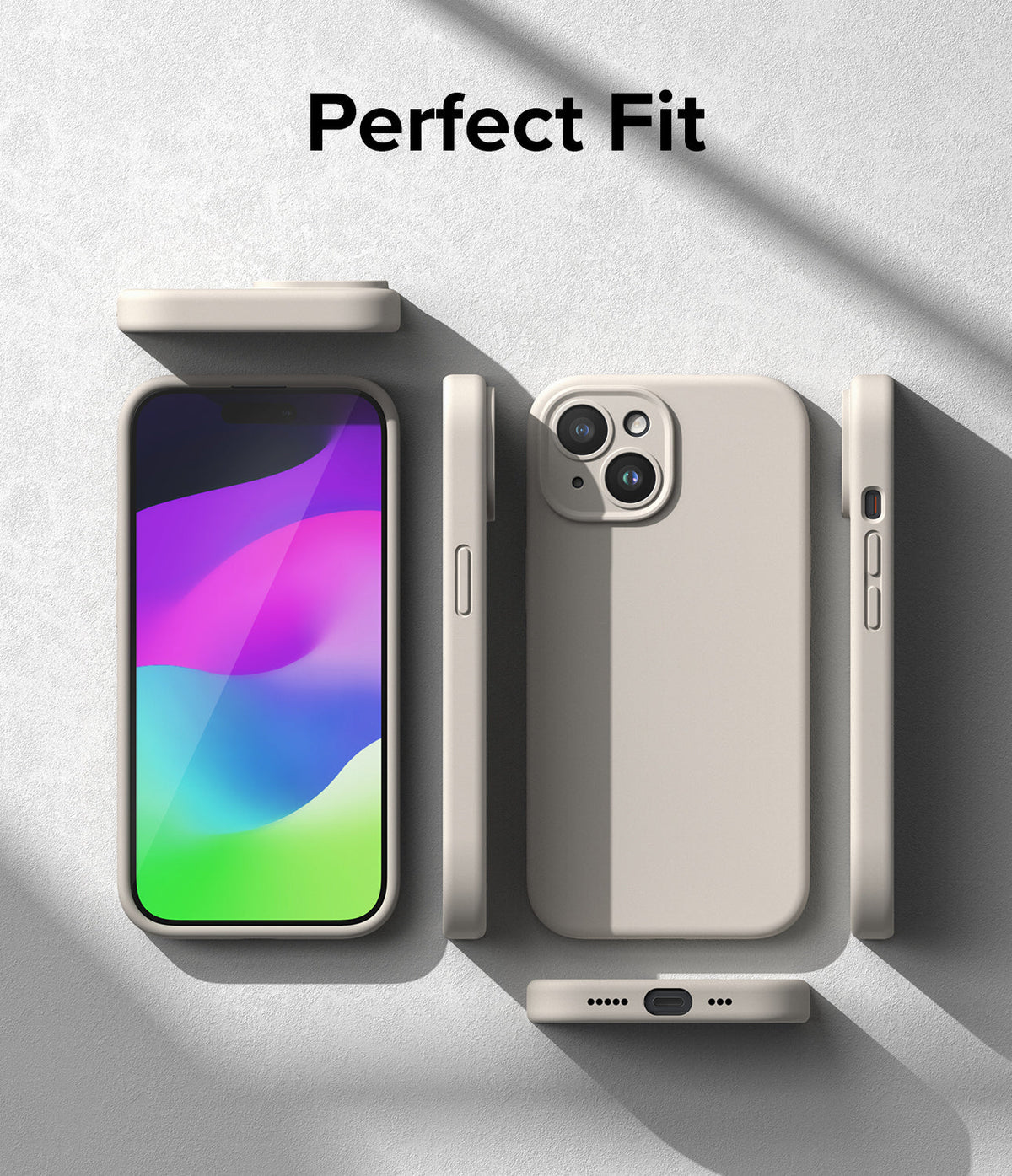 iPhone 15 Case | Silicone Magnetic - Beige phone case shown from multiple angles with a colorful screen display.