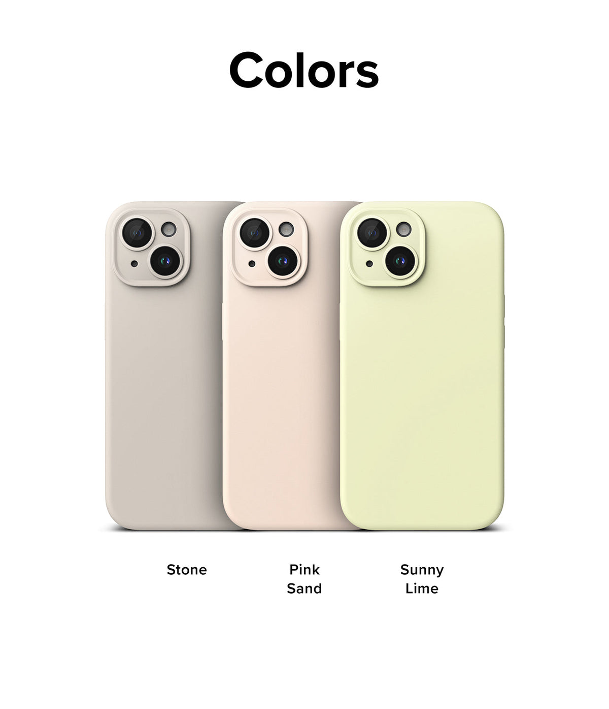 iPhone 15 Case | Silicone Magnetic - Three iPhone 15 cases in Stone, Pink Sand, and Sunny Lime colors arranged side-by-side.