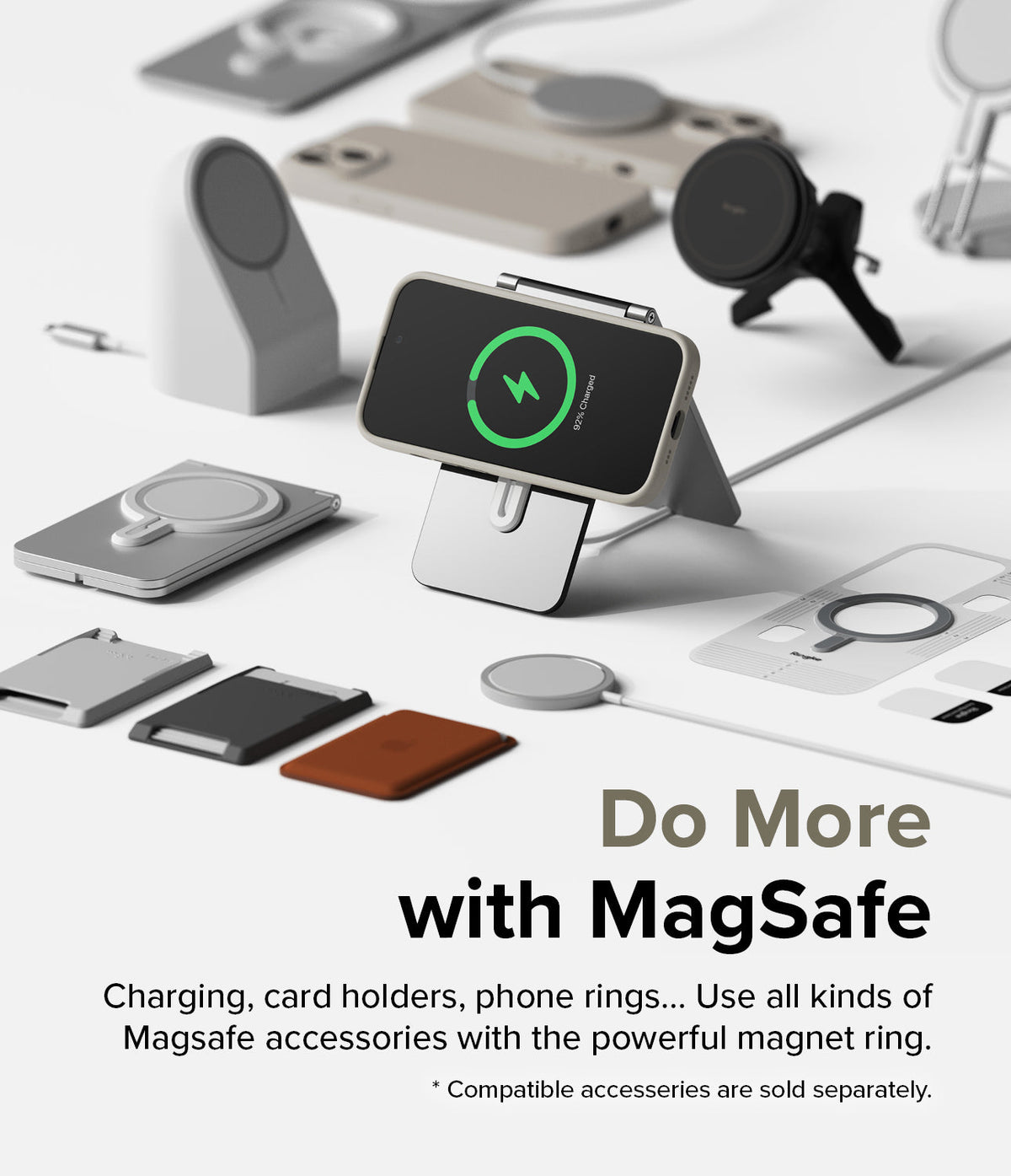 iPhone 15 Case | Silicone Magnetic - A phone in a magnetic case charging on a stand surrounded by various MagSafe accessories.