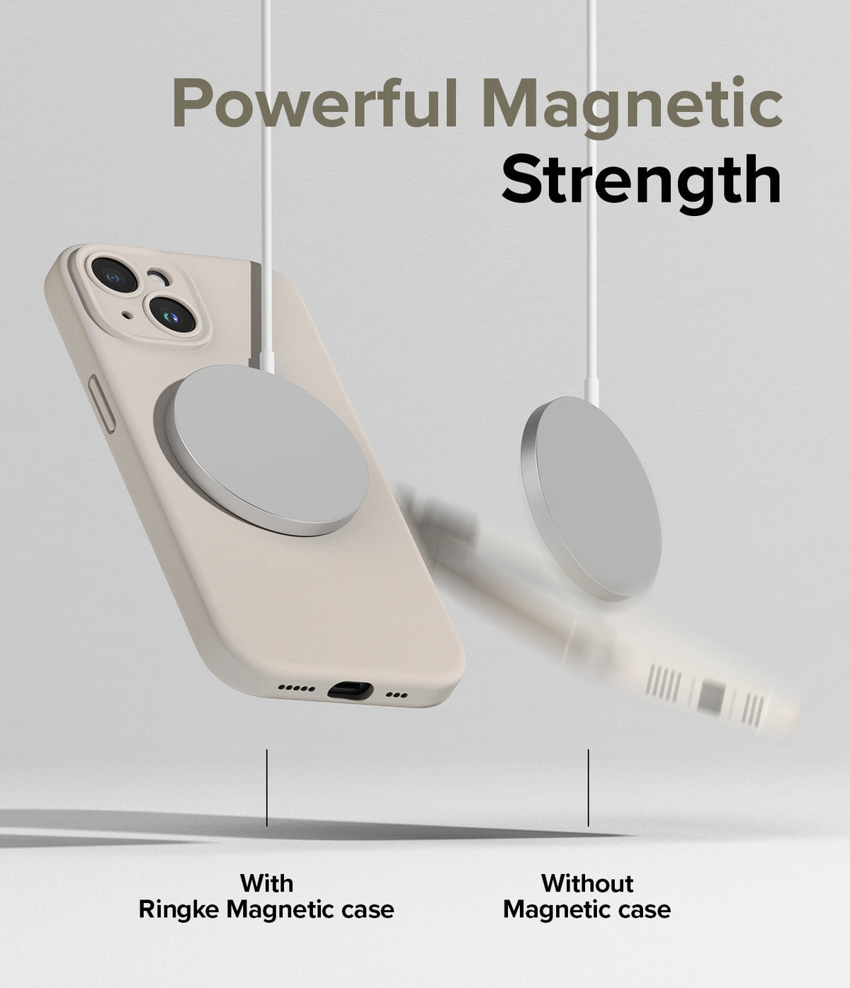 iPhone 15 Case | Silicone Magnetic - Comparison showing a magnetic charger attached to a cased phone versus falling off.