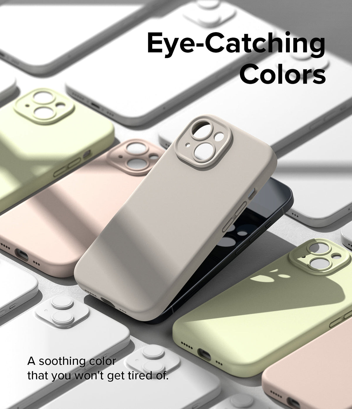 iPhone 15 Case | Silicone Magnetic - Multiple iPhone 15 silicone cases in pastel colors arranged on a surface with soft shadows.