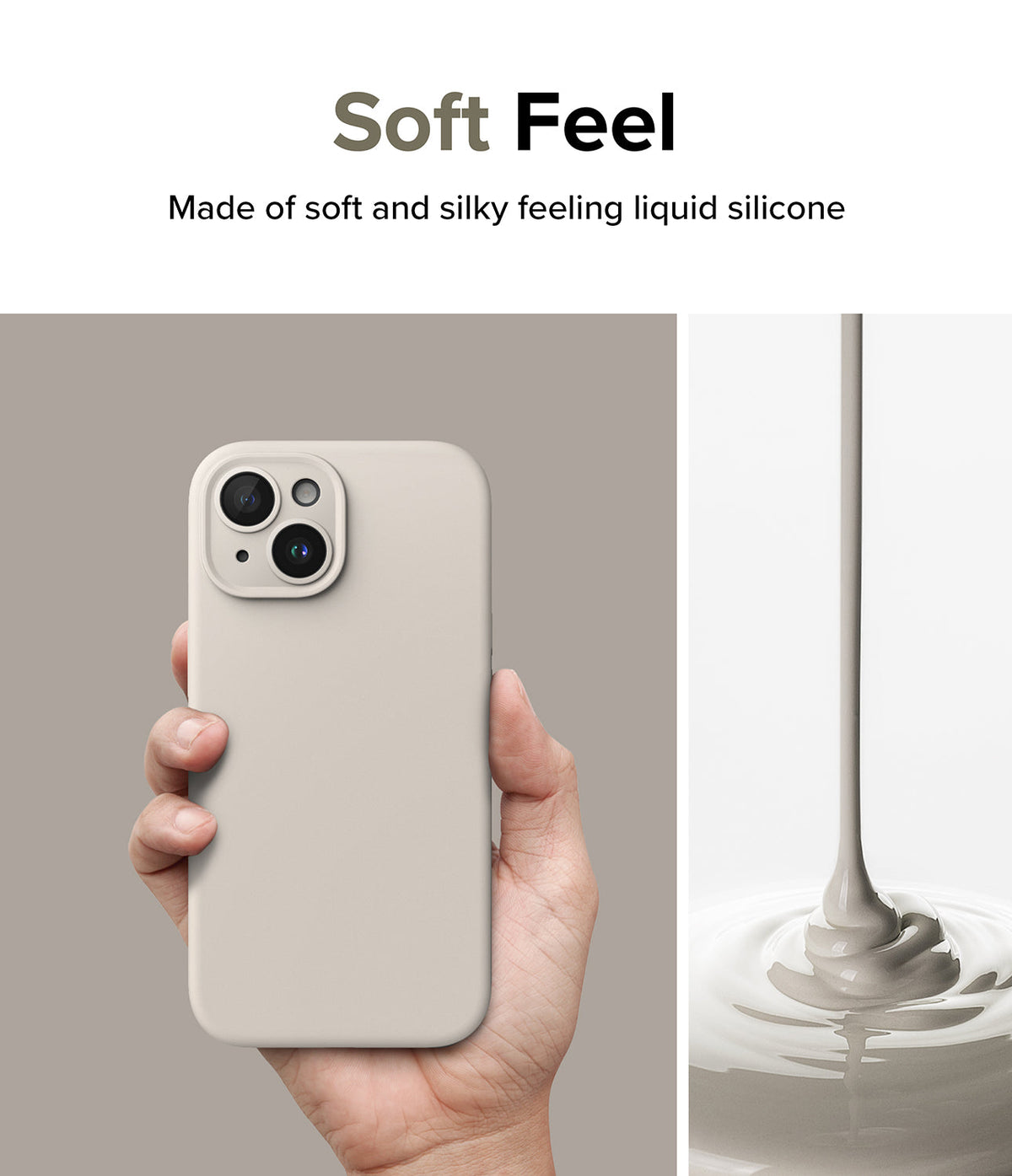iPhone 15 Case | Silicone Magnetic - Hand holding a beige silicone iPhone case next to liquid silicone being poured.