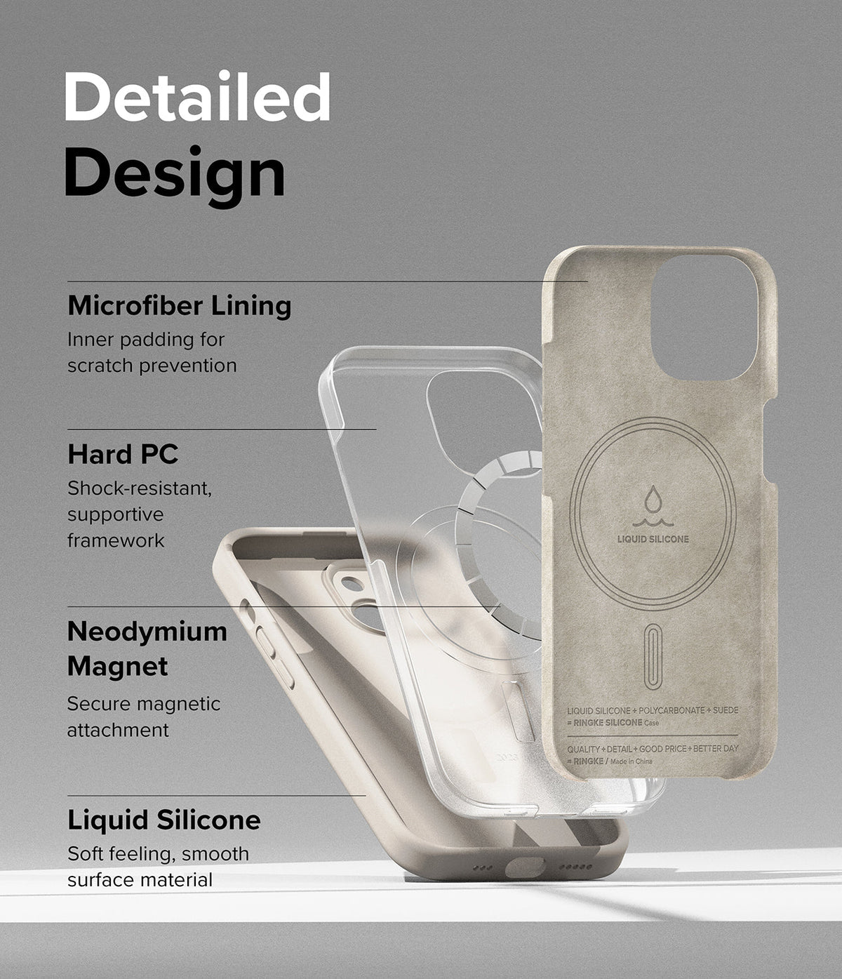 iPhone 15 Case | Silicone Magnetic - Exploded view of a phone case showing microfiber lining, hard PC, magnets, and silicone.