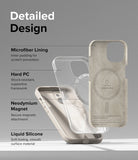 iPhone 15 Case | Silicone Magnetic - Exploded view of a phone case showing microfiber lining, hard PC, magnets, and silicone.