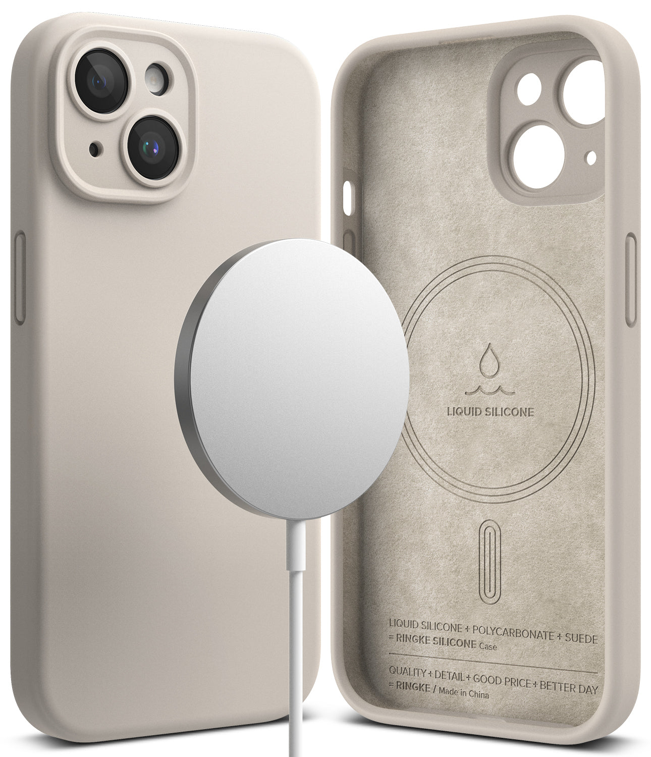 iPhone 15 Case | Silicone Magnetic - Stone-colored silicone iPhone 15 case with magnetic charger and suede interior.