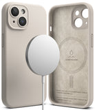 iPhone 15 Case | Silicone Magnetic - Stone-colored silicone iPhone 15 case with magnetic charger and suede interior.