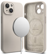iPhone 15 Case | Silicone Magnetic - Stone-colored silicone iPhone 15 case with magnetic charger and suede interior.