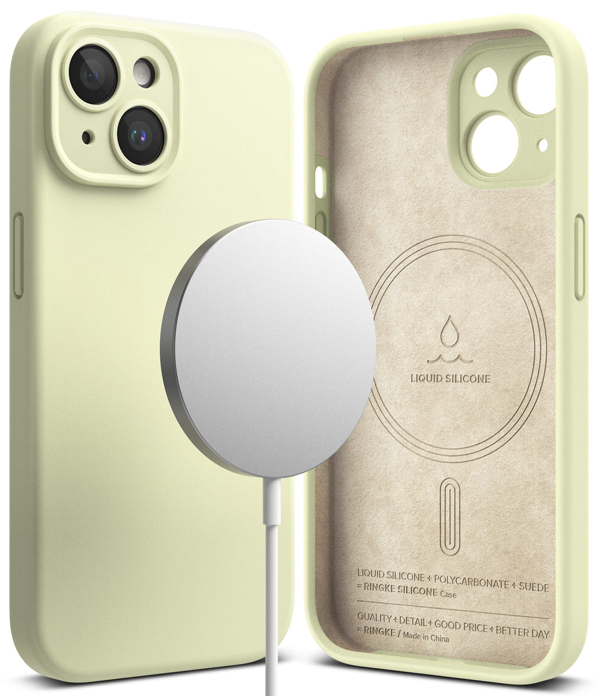 iPhone 15 Case | Silicone Magnetic - Sunny lime silicone case with magnetic charger and suede-lined interior.