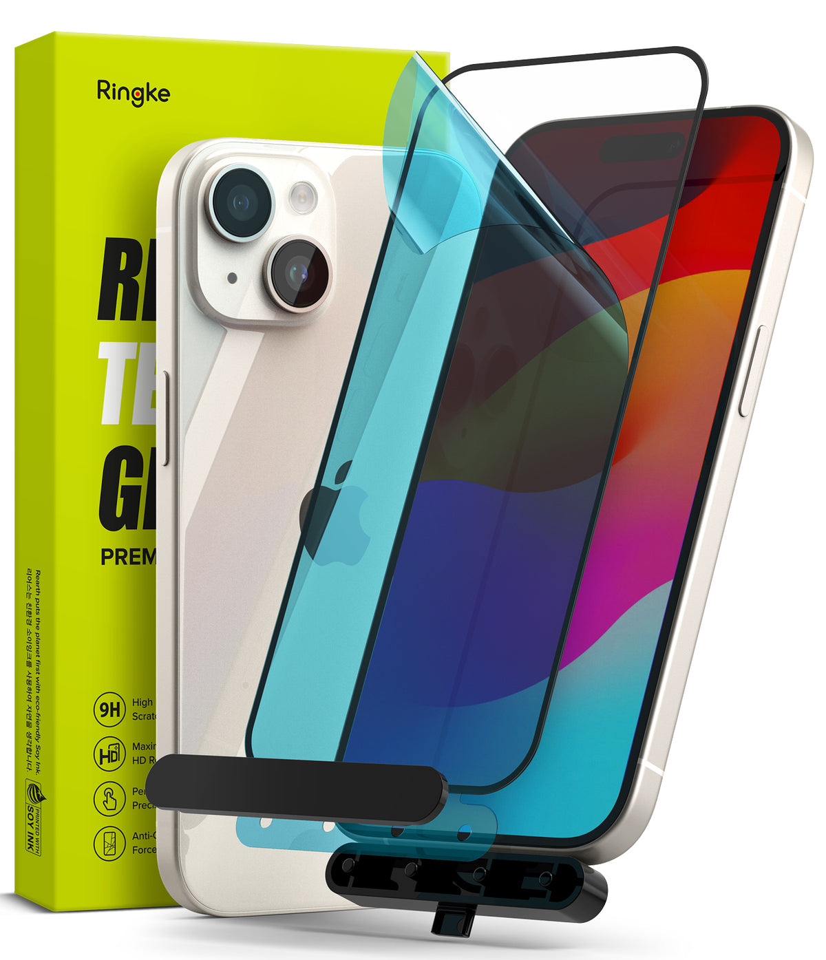 iPhone 15 Screen Protector | Full Cover Glass - iPhone 15 Screen Protector - Tempered glass film being applied to an iPhone 15 with an installation tool and yellow box.