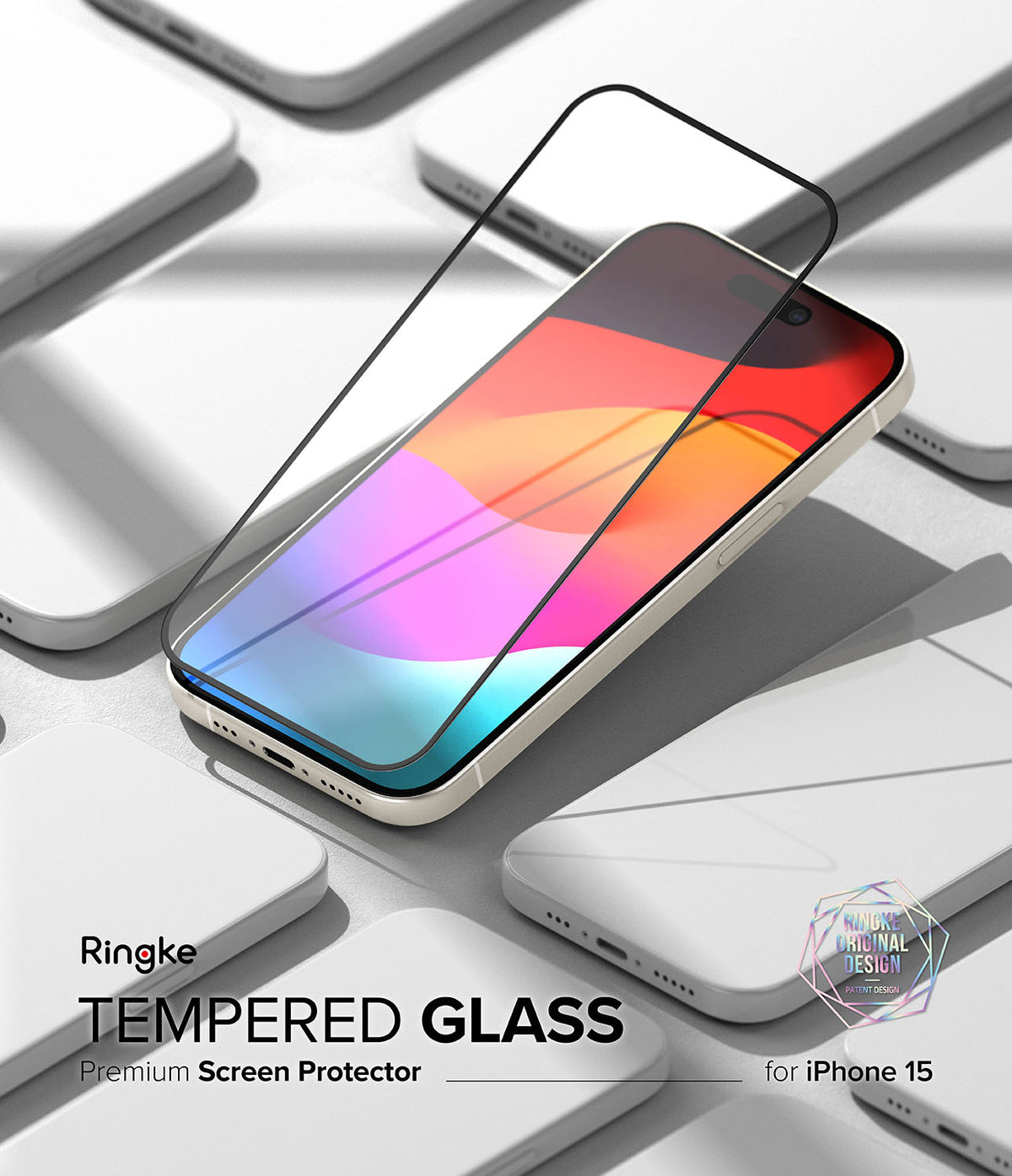 iPhone 15 Screen Protector | Full Cover Glass - Tempered glass screen protector hovering above an iPhone 15 display.