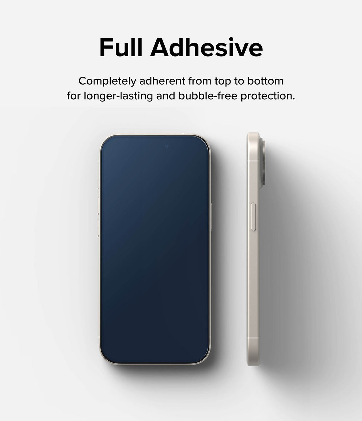 iPhone 15 Screen Protector | Full Cover Glass - Front and side views of an iPhone 15 with a full-adhesive screen protector.
