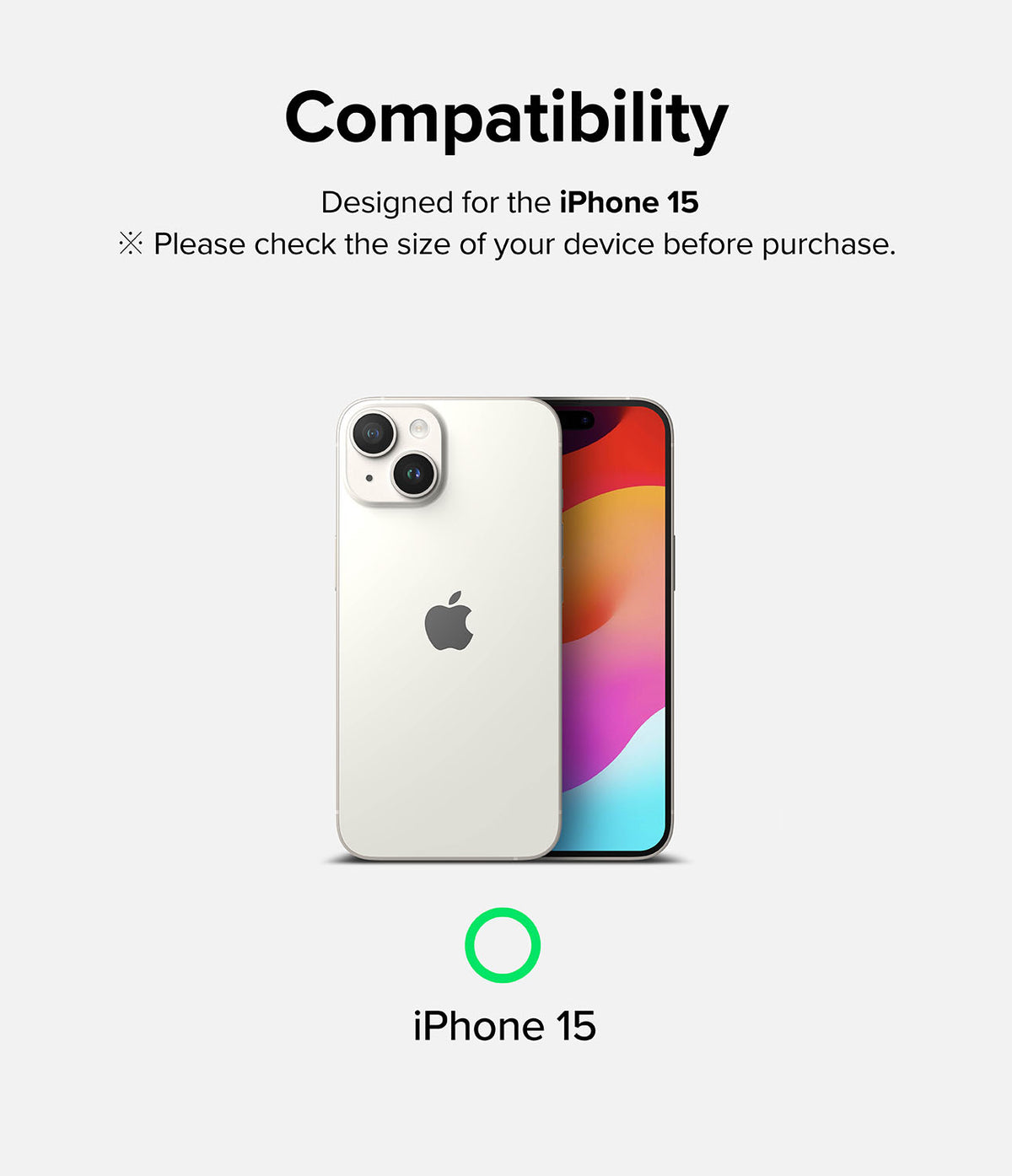 iPhone 15 Screen Protector | Full Cover Glass - Compatibility graphic showing an iPhone 15 with a green checkmark.