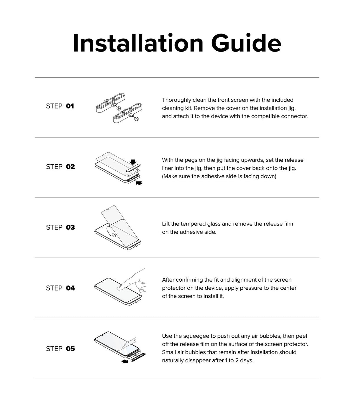 iPhone 15 Screen Protector | Full Cover Glass - iPhone 15 Screen Protector - Five-step illustrated guide showing how to install a screen protector using an alignment jig.