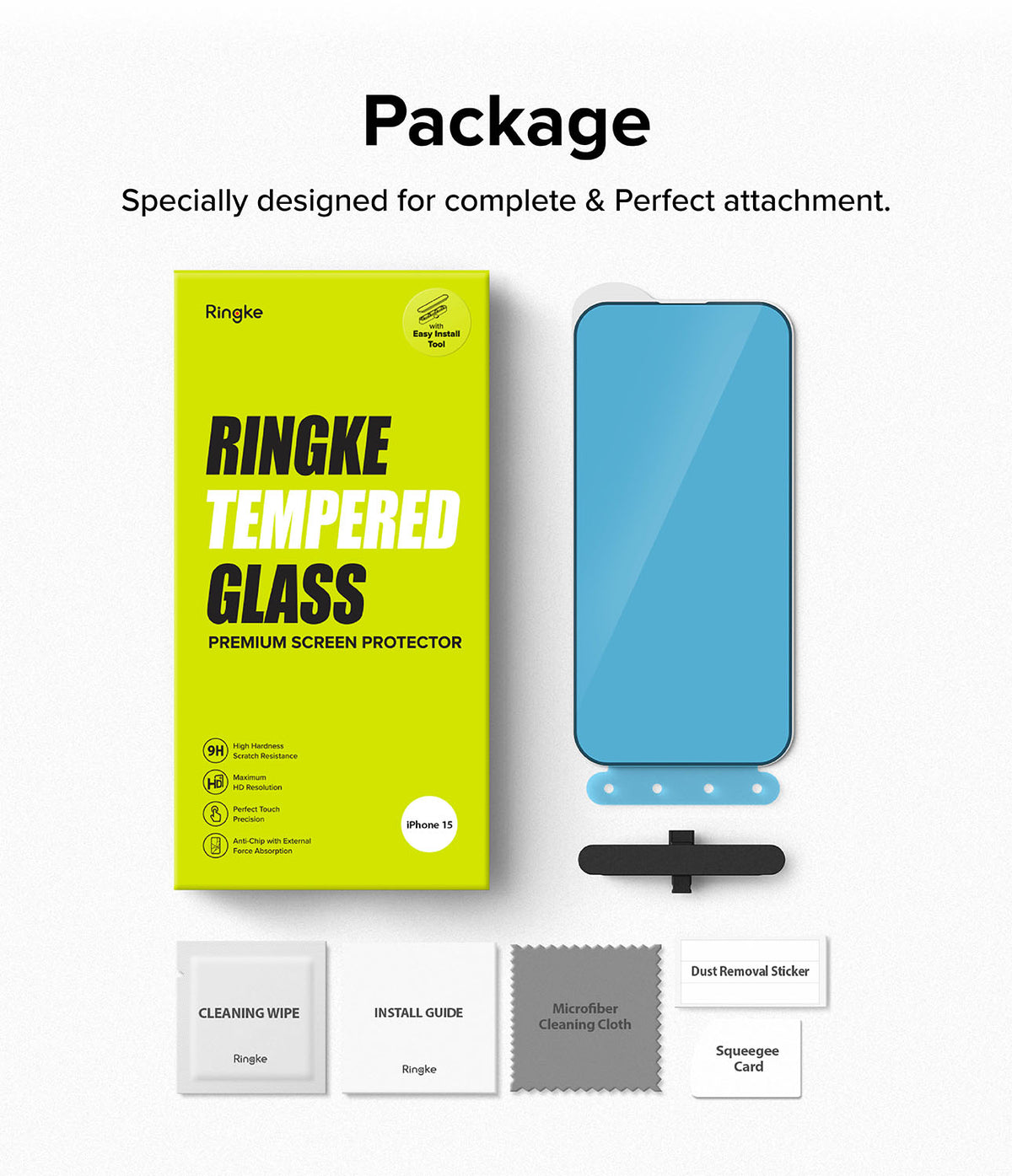 iPhone 15 Screen Protector | Full Cover Glass - Ringke tempered glass packaging, screen protector, and installation kit.
