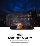 iPhone 15 Screen Protector | Full Cover Glass - iPhone 15 Screen Protector - Transparent glass protector hovering over an iPhone displaying a vibrant night city skyline.
